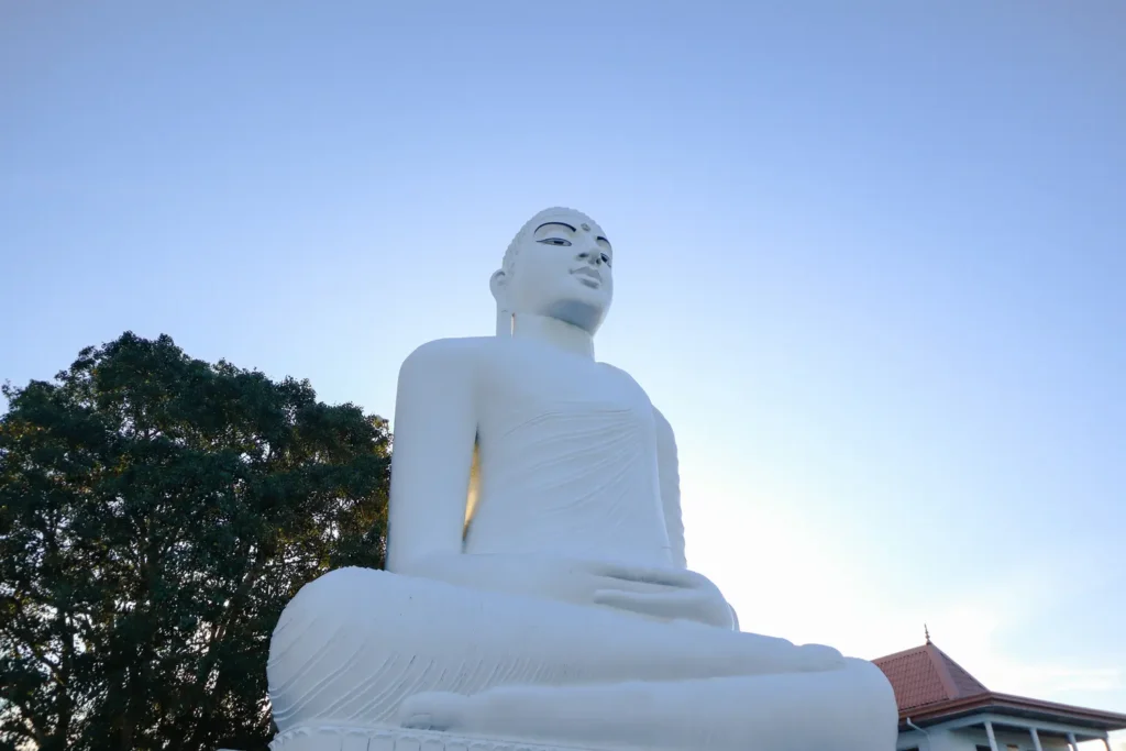 A towering white Buddha statue against a clear blue sky, located at Sri Maha Bodhi Viharaya. This site is a key highlight of Kandy attractions, perfect for exploring the city’s spiritual landmarks.