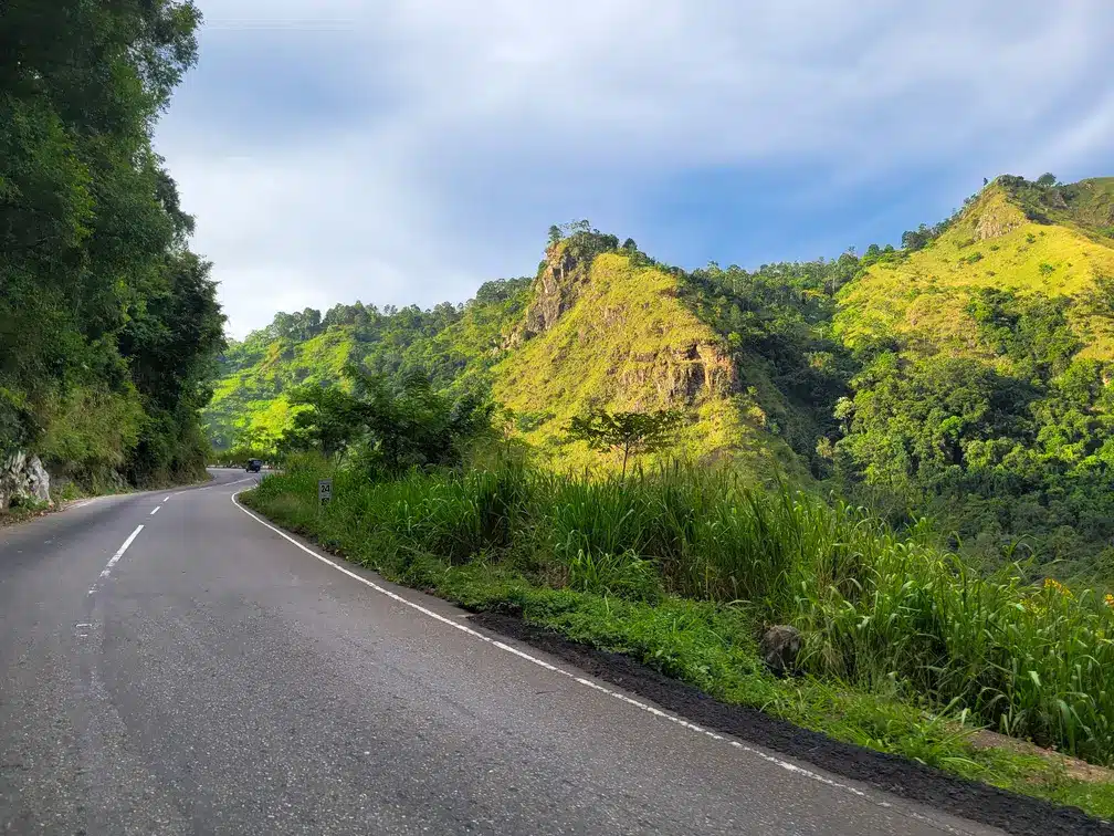 A winding road cutting through lush green hills in Ella, Sri Lanka, offering breathtaking views of the surrounding landscape