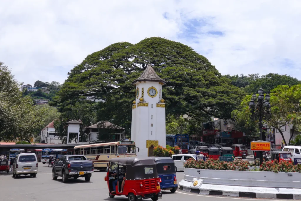 A white clock tower with golden accents stands prominently at the center of a bustling roundabout, surrounded by vibrant greenery and vehicles like tuk-tuks and buses. The large tree behind the clock tower provides a lush backdrop, emphasizing the lively urban atmosphere.