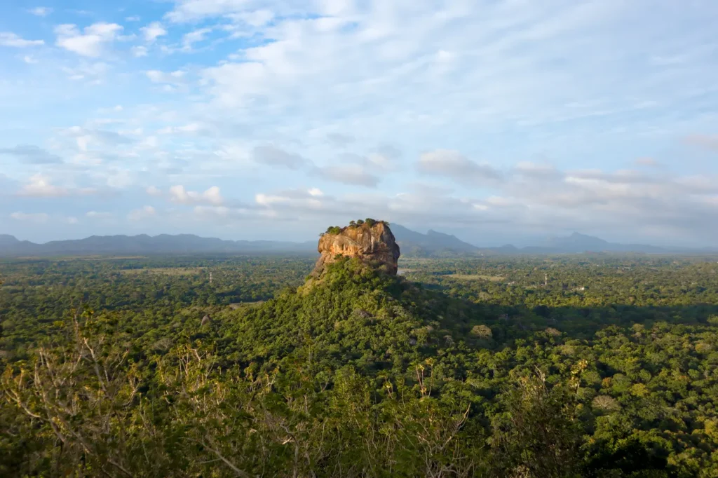 A breathtaking panoramic view of the lush green landscape with the iconic Lion Rock rising majestically in the distance. The scene showcases the vast forested plains, distant mountains, and a clear blue sky, making the climb to Pidurangala Rock a rewarding experience